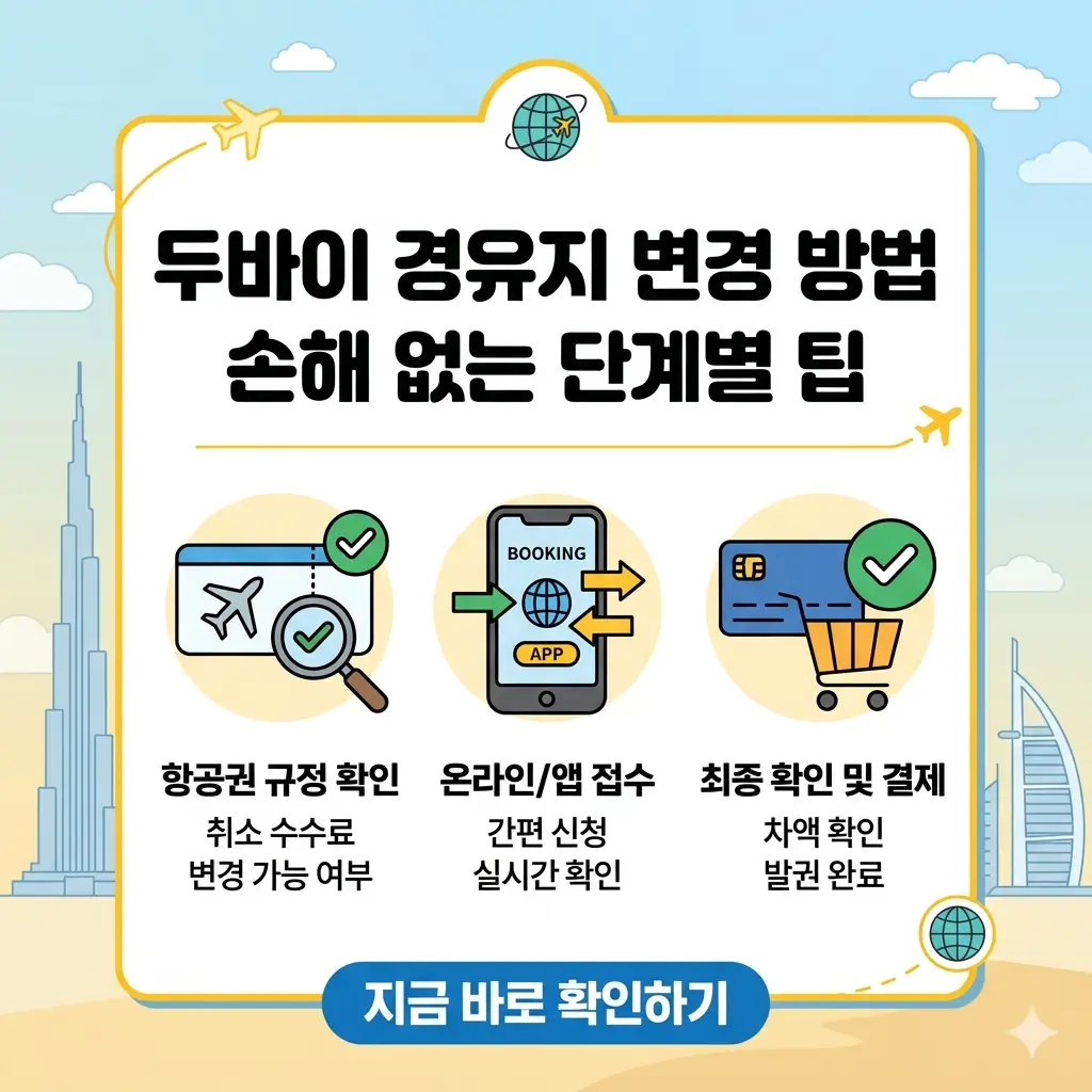 두바이 경유지 변경 방법을 안내하는 비행기 아이콘과 체크리스트가 포함된 밝은 톤의 1:1 썸네일 이미지.