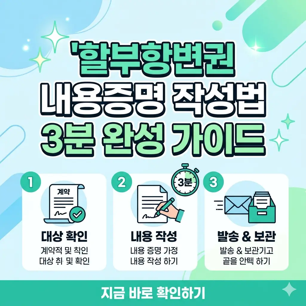 할부항변권 내용증명 작성법을 3분 만에 배우는 핵심 요약 포스터.