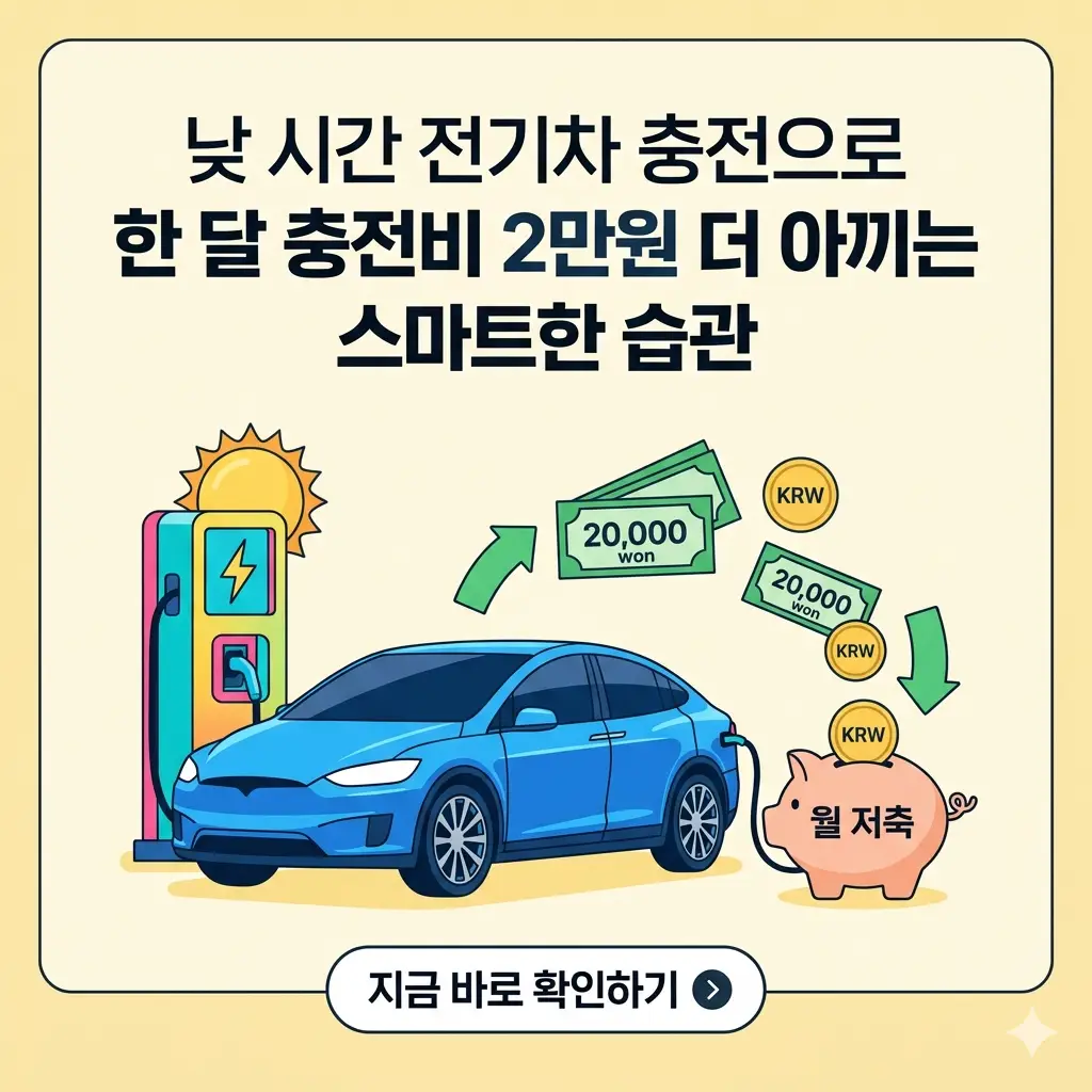 낮 시간 전기차 충전으로 월 2만원을 절약하는 스마트한 습관을 보여주는 밝고 가독성 높은 1:1 이미지.