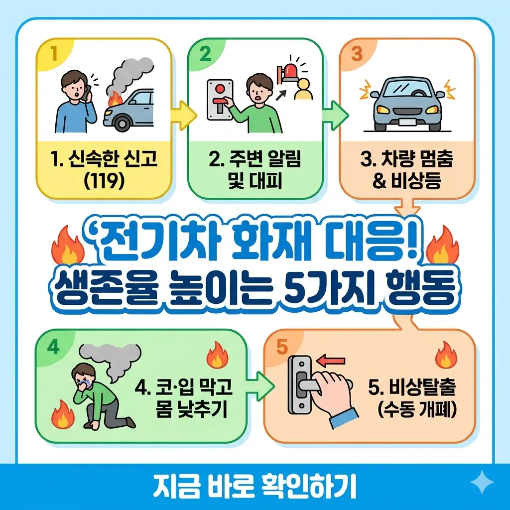전기차 화재 발생 시 생존율을 높이는 5가지 필수 행동 요령을 명확한 아이콘과 텍스트로 정리한 카드 뉴스 형식의 1:1 이미지.