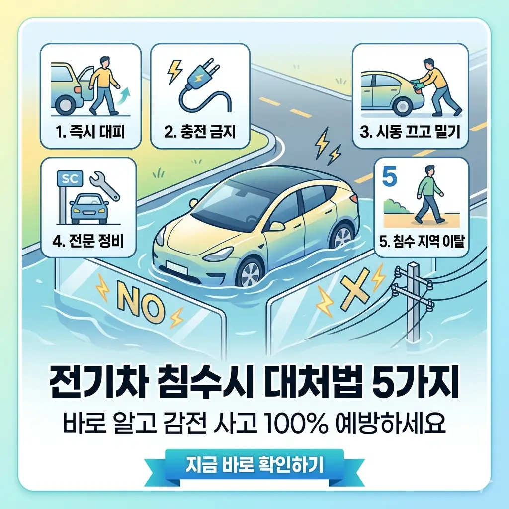 전기차 침수 시 대처법 5가지를 직관적으로 보여주는 포스터 스타일의 썸네일 이미지입니다.