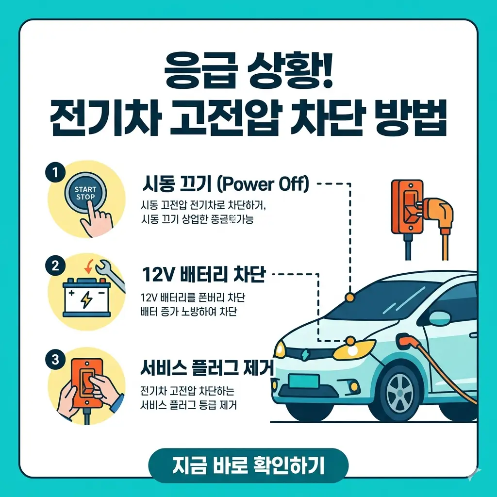 응급 상황 시 전기차 고전압을 안전하게 차단하는 3단계 방법을 설명하는 인포그래픽 썸네일.