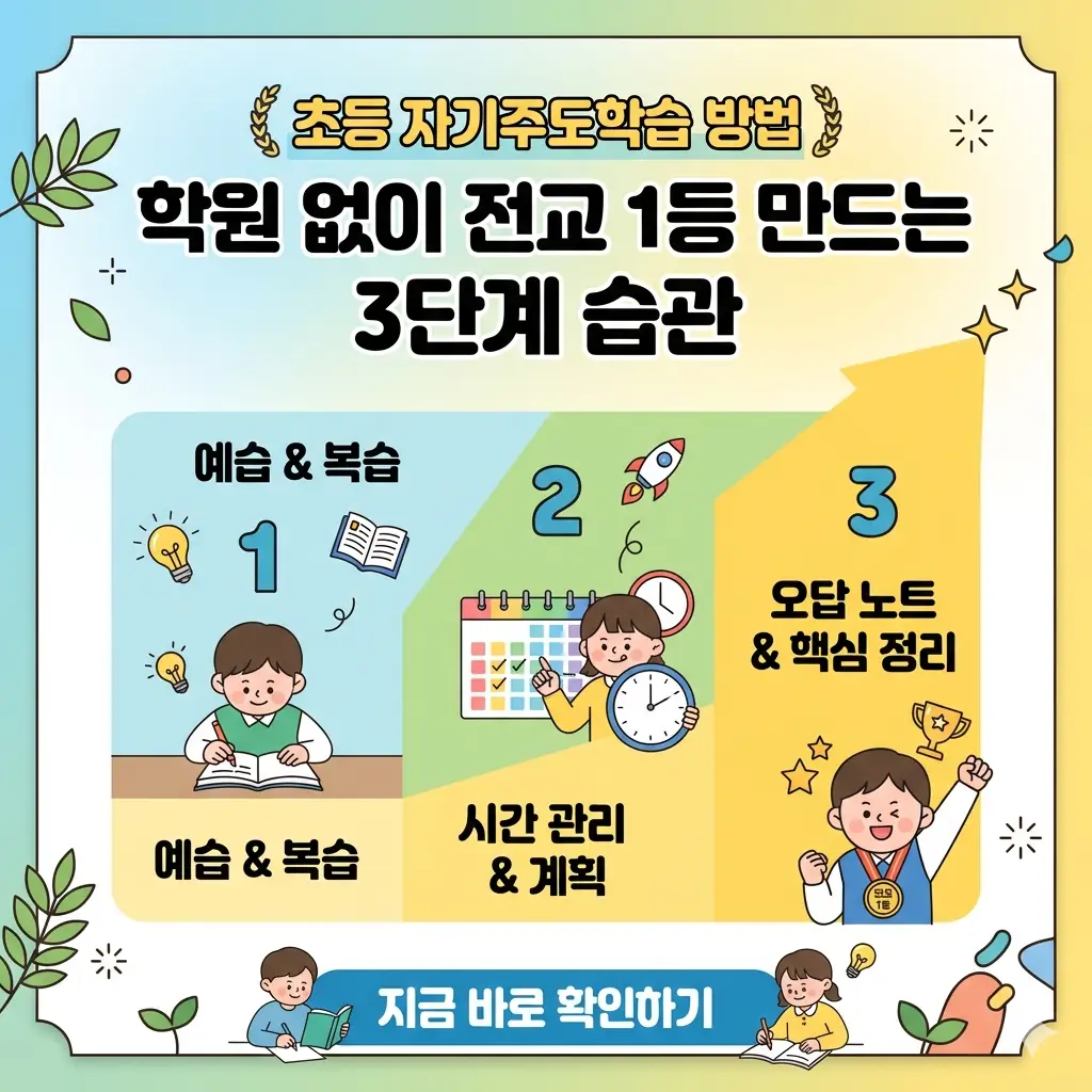 학원 없이 전교 1등을 만드는 초등 자기주도학습 3단계 습관을 설명하는 포스터.