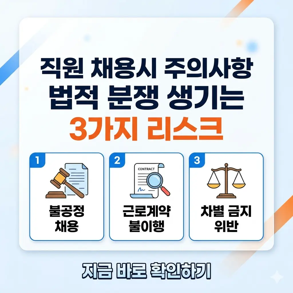 직원 채용 시 주의해야 할 3가지 법적 분쟁 리스크와 주의사항을 경고하는 썸네일 이미지입니다.