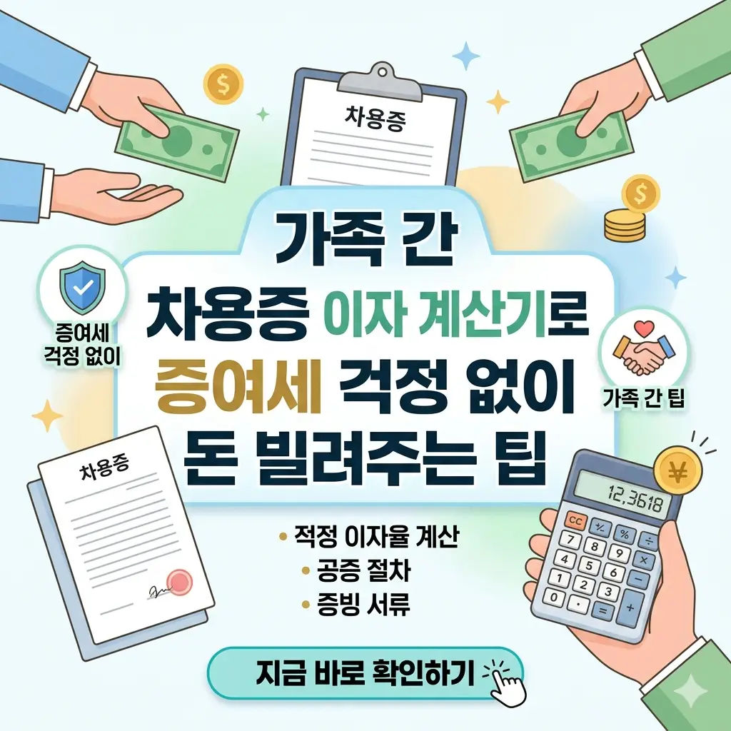 가족 간 돈 빌려줄 때 증여세 걱정 없는 차용증 이자 계산기와 팁을 시각화한 이미지.
