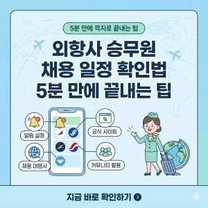 세계지도와 비행기 아이콘을 배경으로 외항사 승무원 채용 일정 확인 팁을 설명하는 인포그래픽 썸네일.