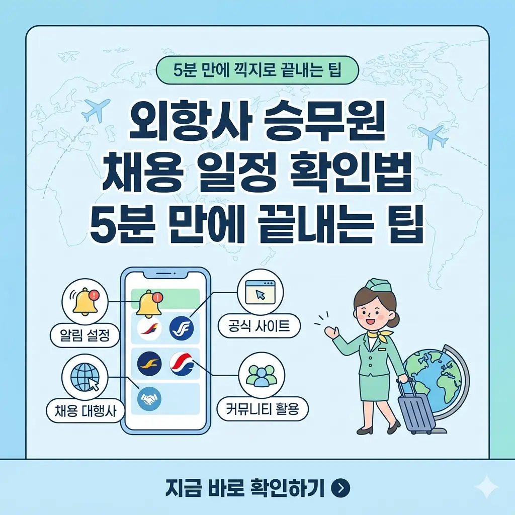 세계지도와 비행기 아이콘을 배경으로 외항사 승무원 채용 일정 확인 팁을 설명하는 인포그래픽 썸네일.