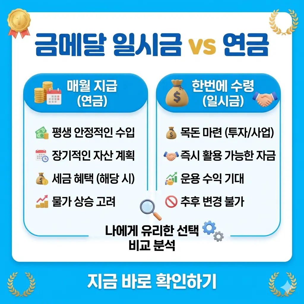 금메달 연금 vs 일시금 수령 방식의 차이점과 본인에게 유리한 선택을 비교 분석하는 인포그래픽 포스터.