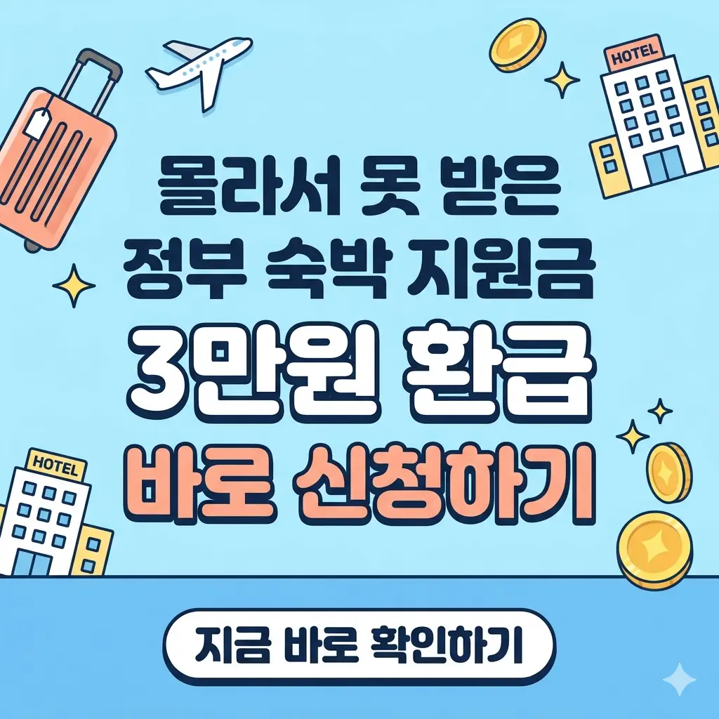 정부 숙박 지원금 3만원 환급 신청 방법을 안내하는, 밝은 톤의 1:1 비율 디자인 썸네일입니다.