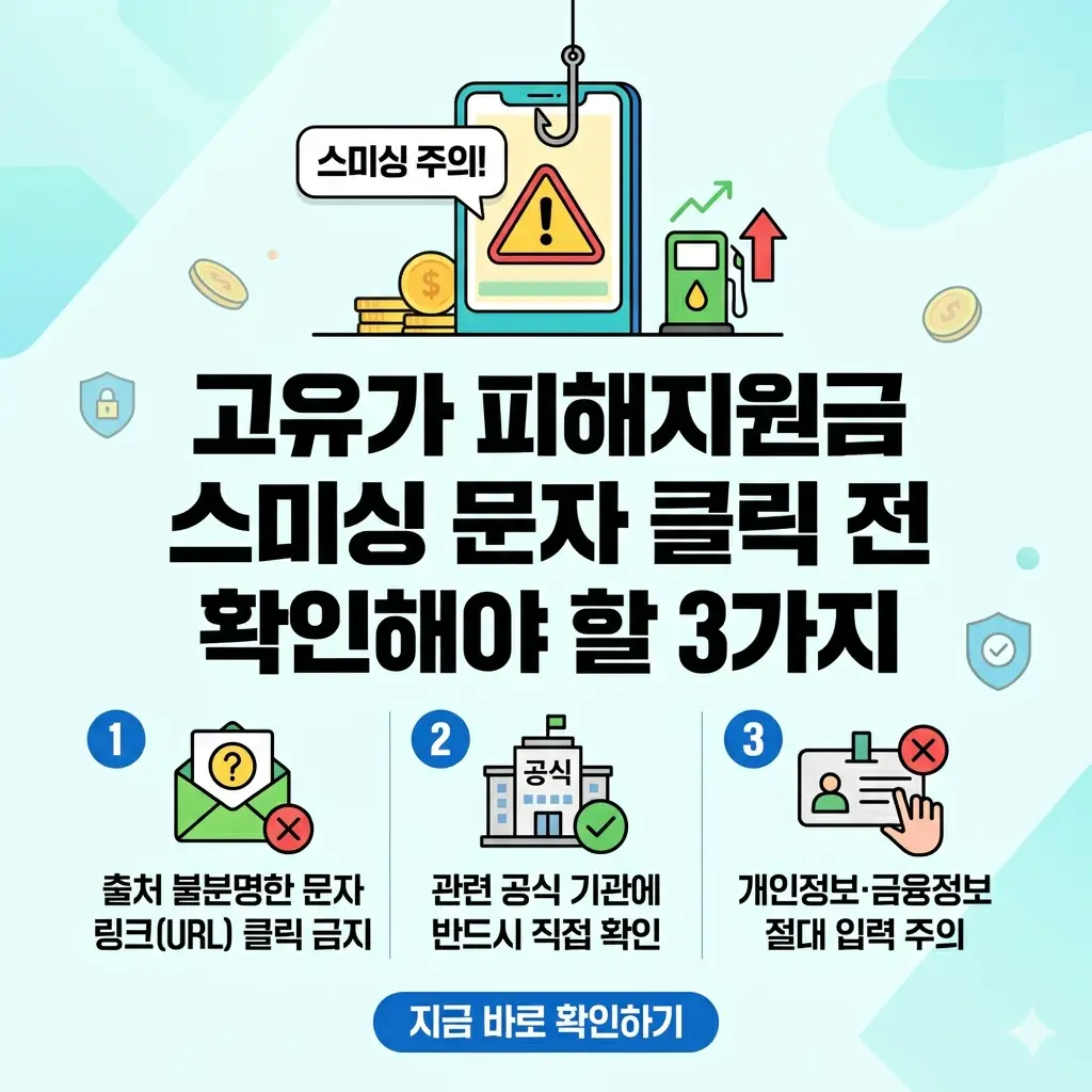 고유가 피해지원금 스미싱 문자 사기를 예방하기 위해 클릭 전 확인해야 할 3가지 수칙을 설명하는 인포그래픽 썸네일.