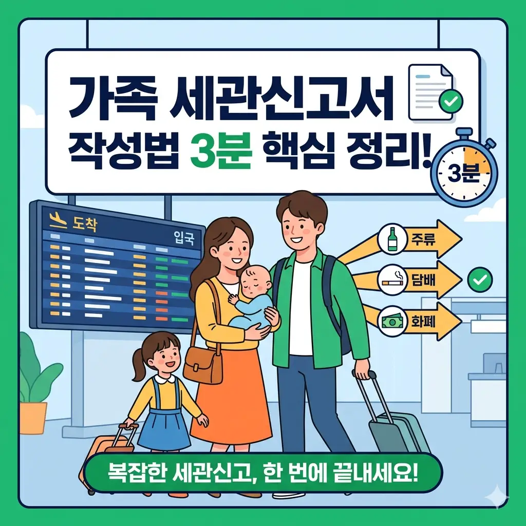 스마트폰과 여행 가방을 든 한국인 가족이 공항 입국장 화면을 보며 환하게 웃는 모습을 담은 가족 세관신고서 작성법 안내 썸네일 이미지
