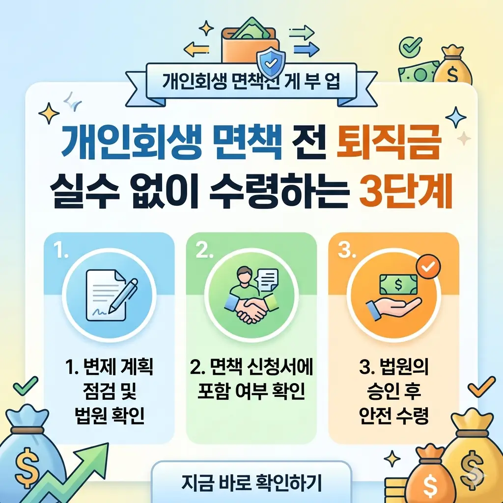 개인회생 면책 전 퇴직금의 올바른 수령 및 처리를 위한 핵심 3단계를 보여주는 정보 그래픽 썸네일.