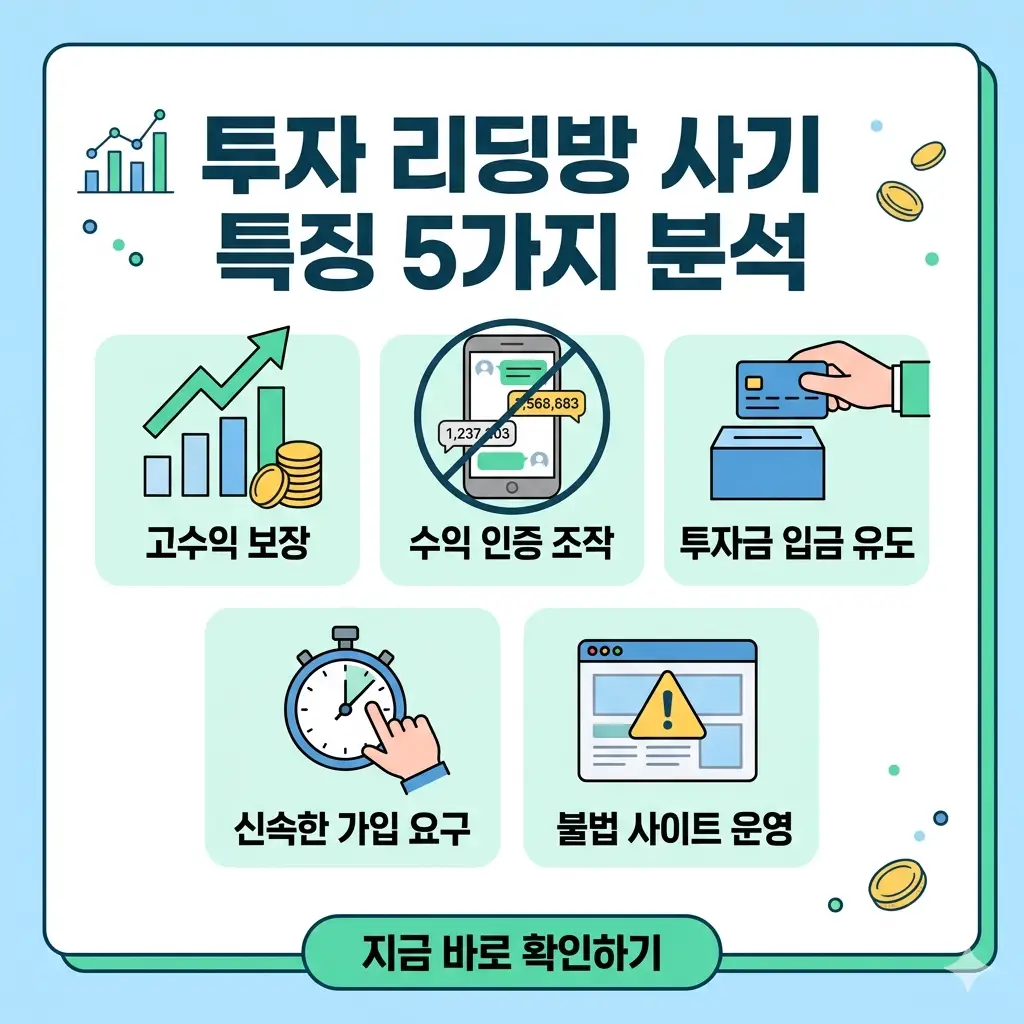가짜 수익 인증을 구별하는 5가지 투자 리딩방 사기 특징 분석 인포그래픽