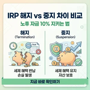 IRP 해지와 중지의 차이점을 비교하고 노후 자금 손실을 막기 위한 전략을 설명하는 카드 뉴스 이미지.