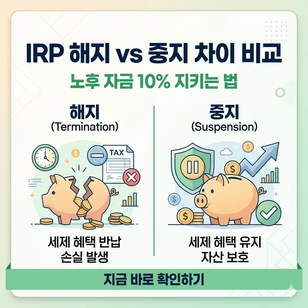 IRP 해지와 중지의 차이점을 비교하고 노후 자금 손실을 막기 위한 전략을 설명하는 카드 뉴스 이미지.