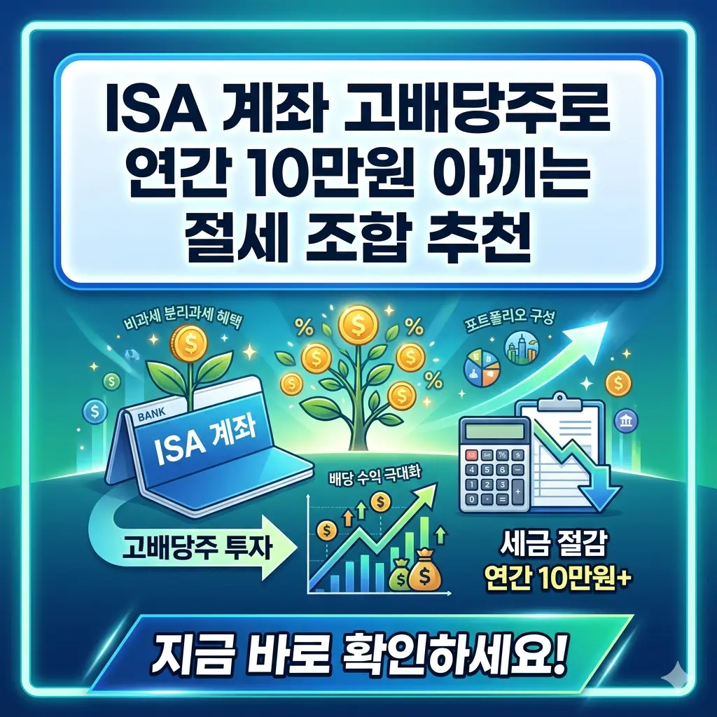 'ISA 계좌'와 '고배당주'를 활용하여 연간 10만 원을 아끼는 절세 투자 조합을 추천하는 썸네일 포스터 이미지입니다.