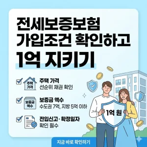 전세보증보험 가입 조건을 확인하여 전세금 1억 원을 안전하게 지키는 방법을 설명하는 스마트폰 앱 화면과 안심하는 세입자의 일러스트.