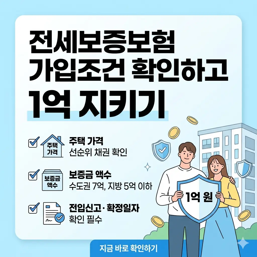 전세보증보험 가입 조건을 확인하여 전세금 1억 원을 안전하게 지키는 방법을 설명하는 스마트폰 앱 화면과 안심하는 세입자의 일러스트.