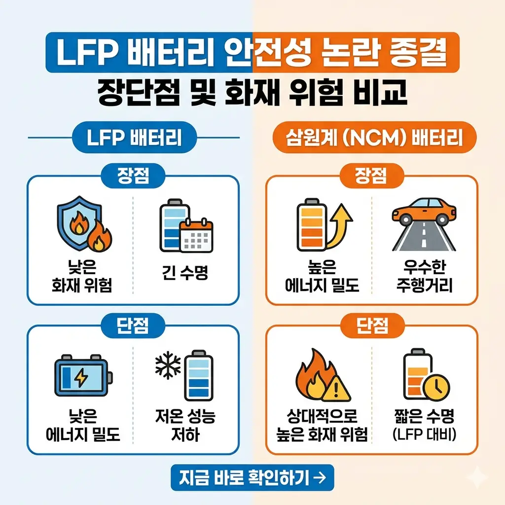 LFP 배터리와 삼원계 NCM 배터리의 장단점 및 화재 위험을 시각적으로 비교 분석하여 안전성 정보를 명확하게 전달하는 썸네일 이미지입니다.