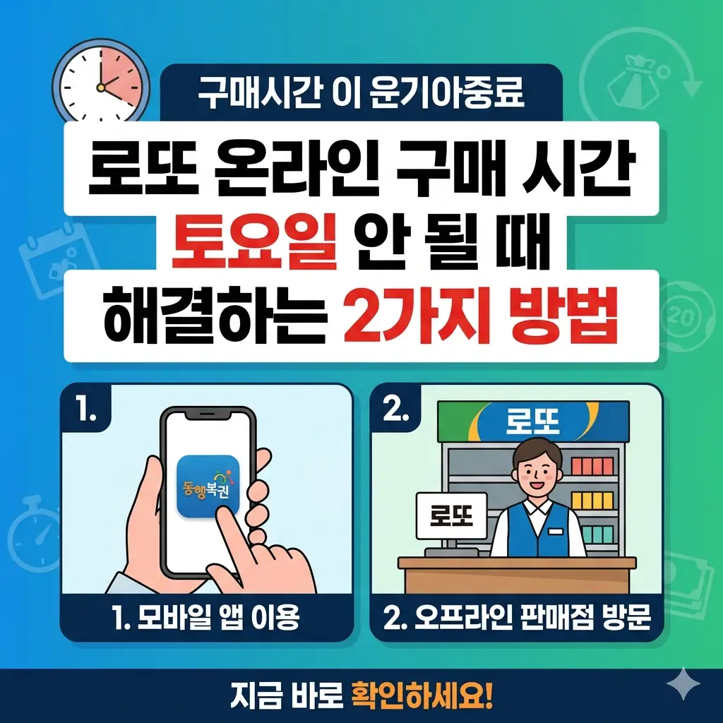 로또 온라인 구매 시간이 지나 토요일에 구매할 수 없을 때, 모바일 앱을 이용하거나 오프라인 판매점을 방문하여 해결하는 2가지 방법을 설명하는 썸네일 이미지입니다.