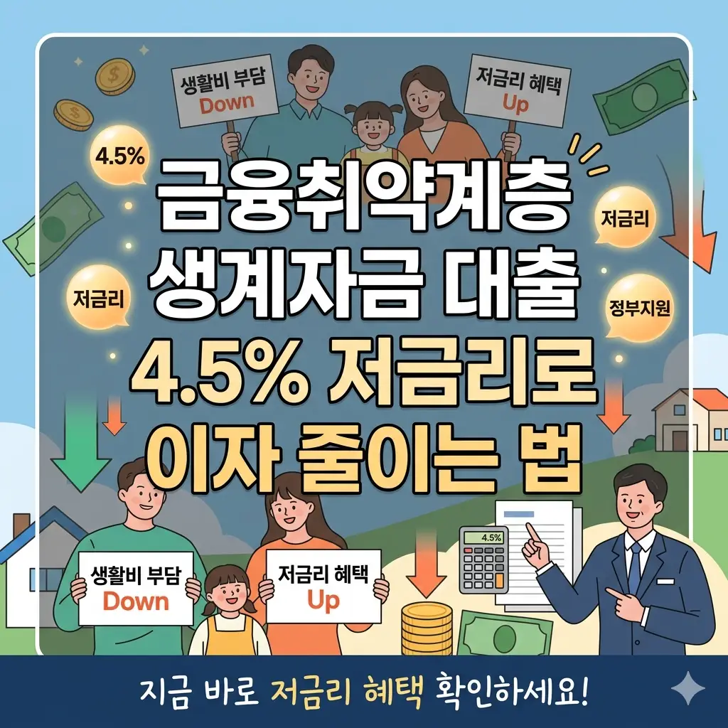 금융취약계층을 위한 4.5% 저금리 생계자금 대출로 이자를 절감하는 방법을 안내하는 정보성 썸네일 이미지