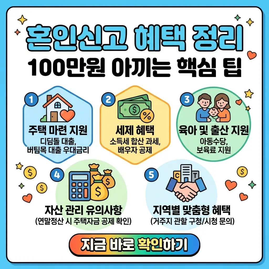혼인신고로 받을 수 있는 주요 혜택 5가지를 아이콘과 함께 직관적으로 정리한 1:1 비율의 정보성 썸네일 이미지.
