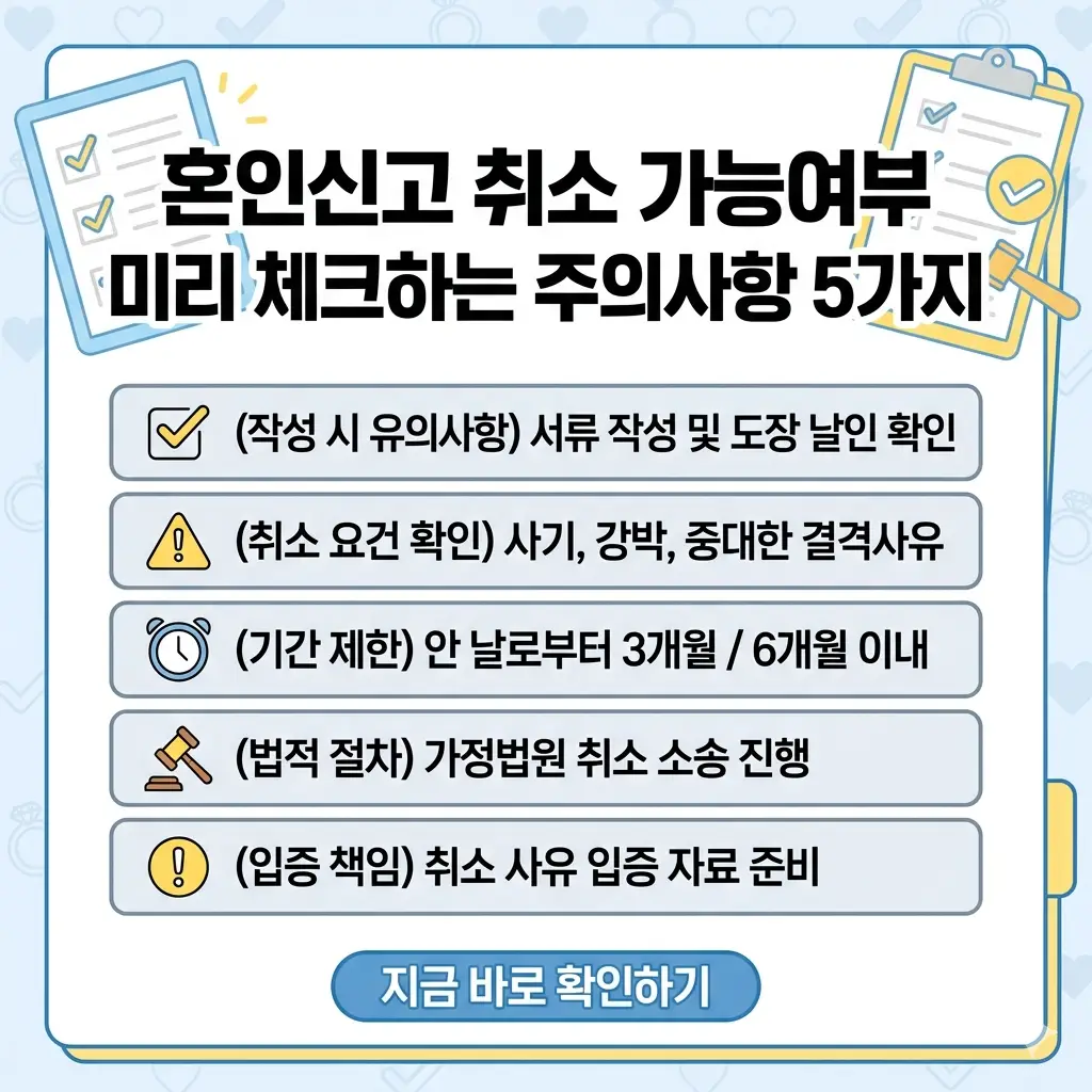 혼인신고 취소 가능 여부를 판단하기 위해 미리 확인해야 할 주의사항 5가지를 직관적인 아이콘과 함께 설명하는 인포그래픽형 썸네일 이미지입니다.