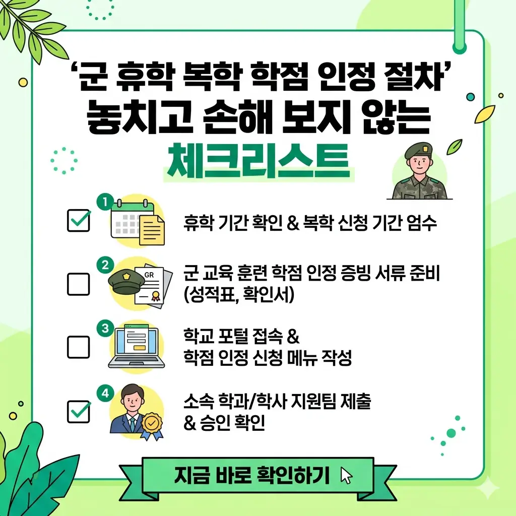 군 휴학 후 복학 시 학점 인정 절차와 필수 체크리스트를 시각화한 1:1 비율의 정보성 썸네일 이미지.