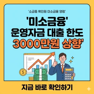 미소금융 운영자금 대출 한도가 3,000만 원으로 상향되었다는 혜택 정보를 전달하는 1:1 비율의 홍보 썸네일 이미지입니다.