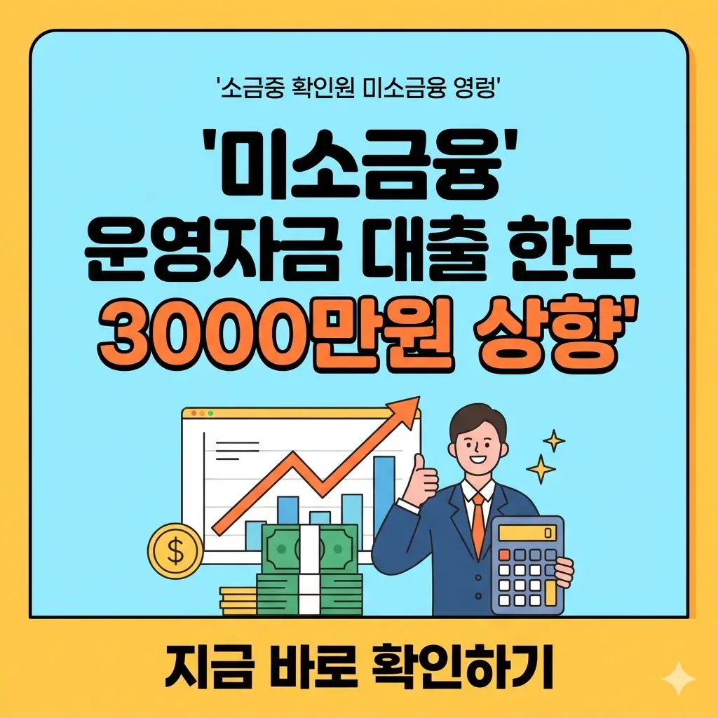 미소금융 운영자금 대출 한도가 3,000만 원으로 상향되었다는 혜택 정보를 전달하는 1:1 비율의 홍보 썸네일 이미지입니다.