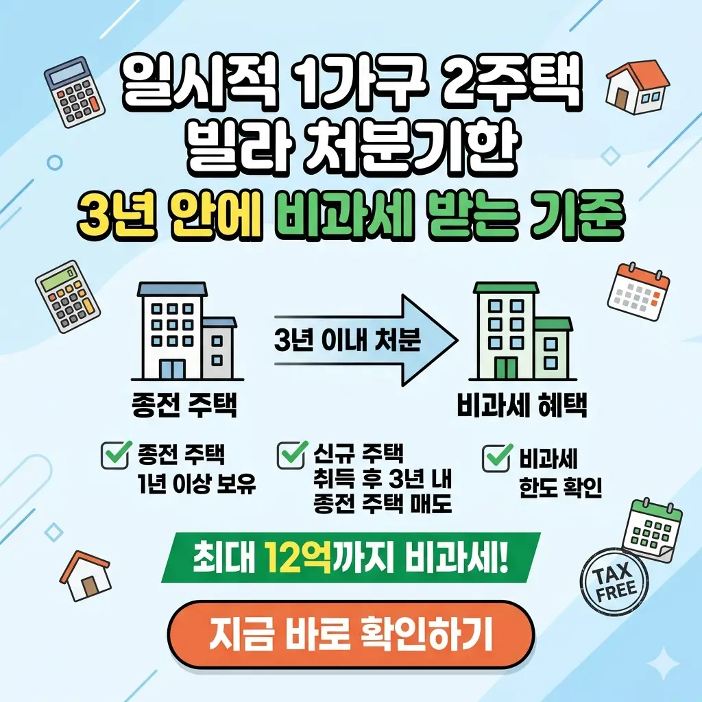 일시적 1가구 2주택 빌라 처분기한 3년 내 비과세 요건 및 혜택 요약 정보 썸네일 이미지.