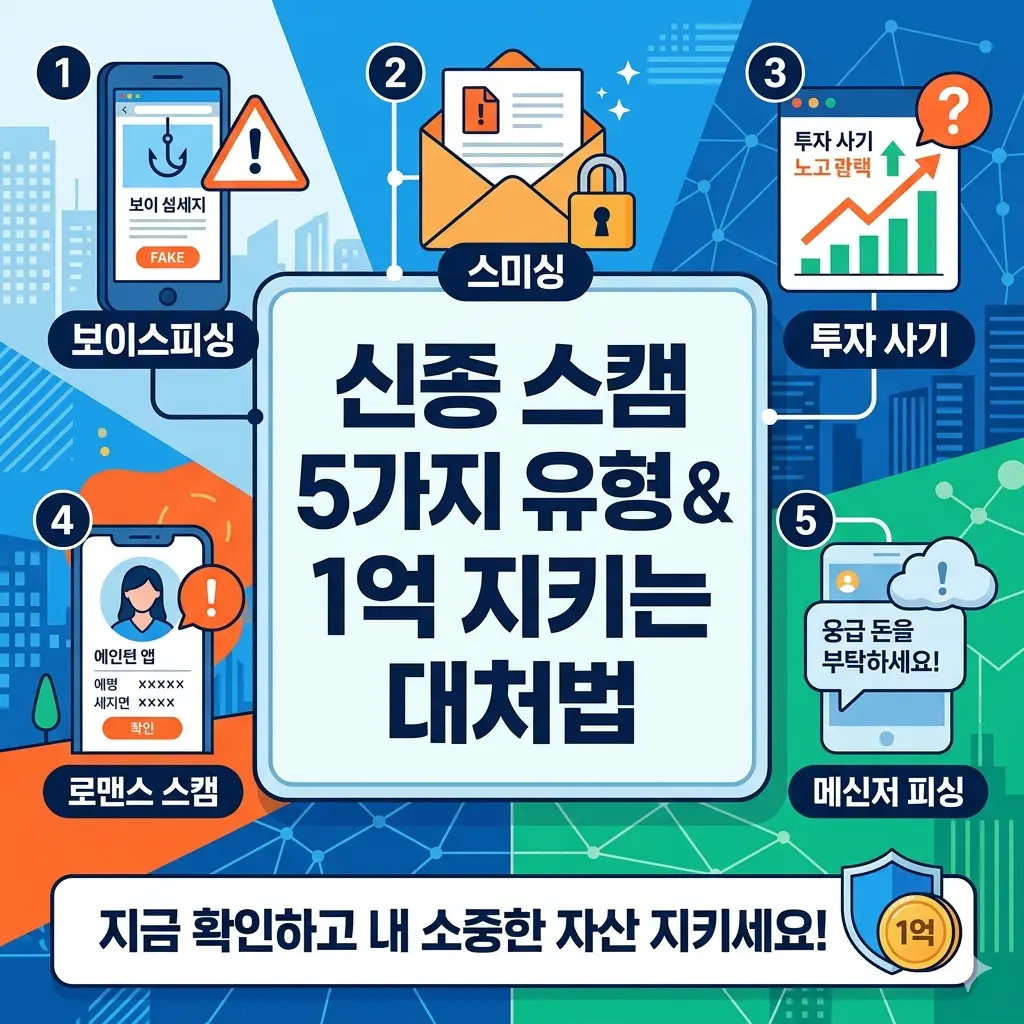신종 스캠의 주요 유형 5가지와 피해를 예방하여 1억 원을 지키는 대처법을 설명하는 금융 보안 썸네일 이미지