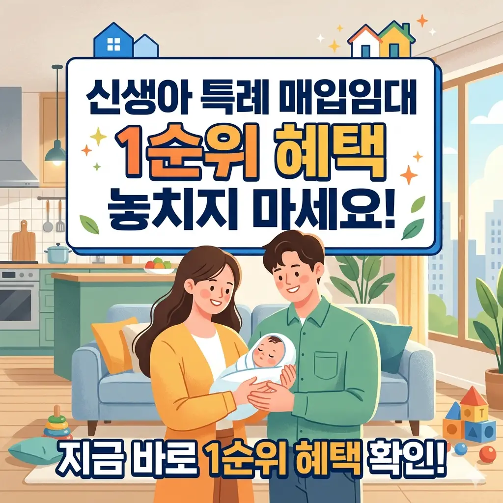 신생아 가구를 위한 특별 공급 제도인 '신생아 특례 매입임대' 1순위 자격과 혜택을 강조하는 정책 정보 썸네일 이미지
