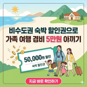 비수도권 숙박 할인권 5만원 혜택을 강조하는 가족 여행 일러스트와 제목이 포함된 1:1 썸네일.