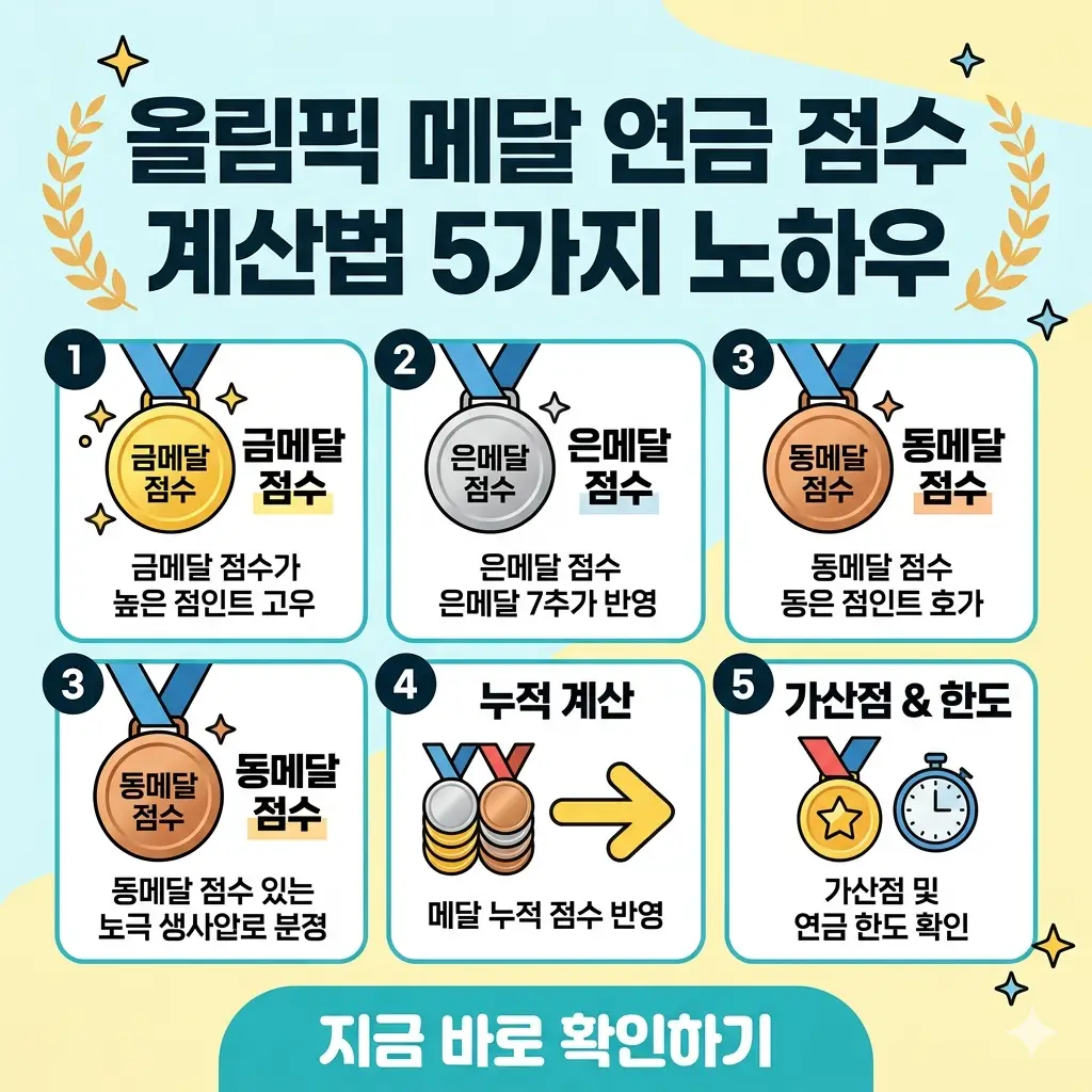 금, 은, 동 메달 아이콘과 함께 올림픽 메달 연금 점수를 계산하는 5가지 주요 방법을 설명하는 썸네일 포스터.