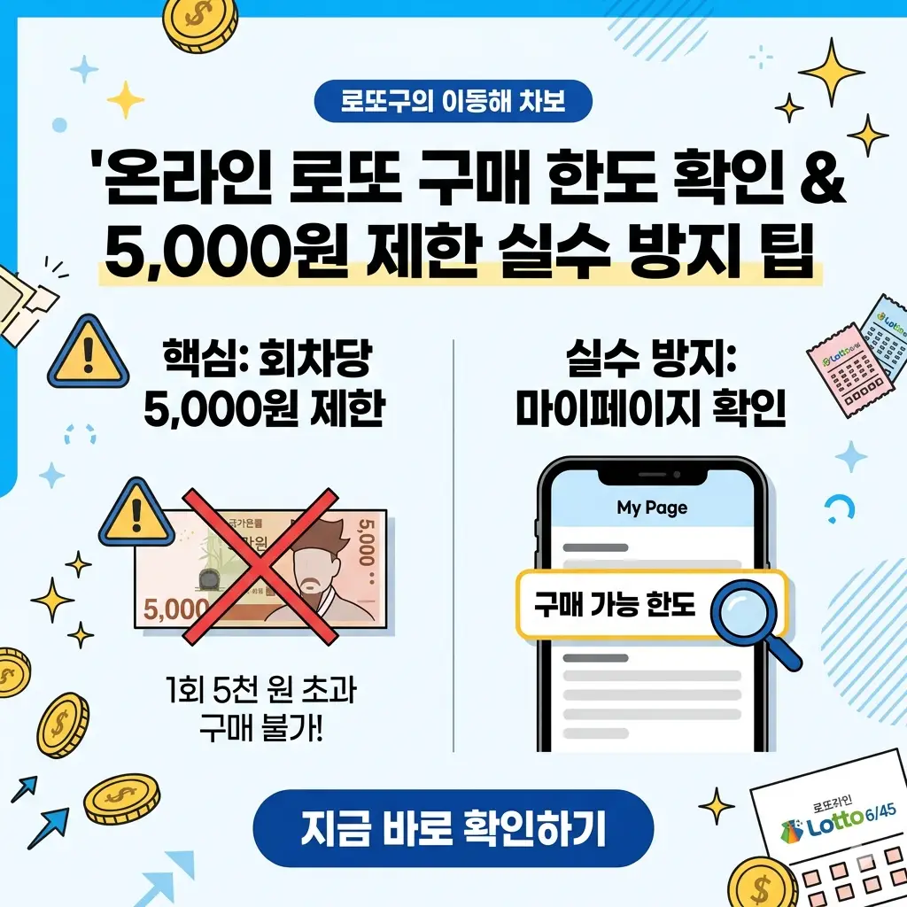 온라인 로또 구매 5,000원 제한 경고와 한도 확인 방법을 안내하는 인포그래픽 썸네일.