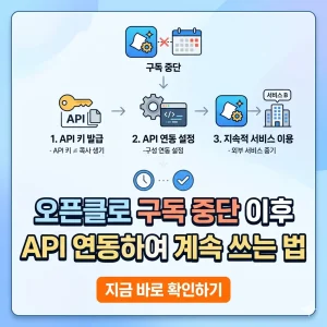 오픈클로 구독 중단 후 API를 연동하여 서비스를 지속적으로 이용하는 방법을 단계별로 설명하는 카드 뉴스 형태의 썸네일.
