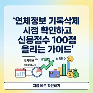 연체 정보 삭제 시점을 확인하고 신용점수를 100점 올리는 방법을 설명하는 밝은 톤의 1:1 비율 썸네일 이미지입니다.