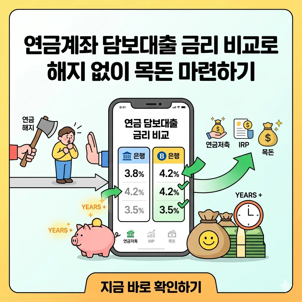 연금계좌(연금저축/IRP) 해지 없이 담보대출 금리를 스마트폰 앱으로 비교하고 목돈을 마련하는 과정을 보여주는 1:1 이미지입니다.