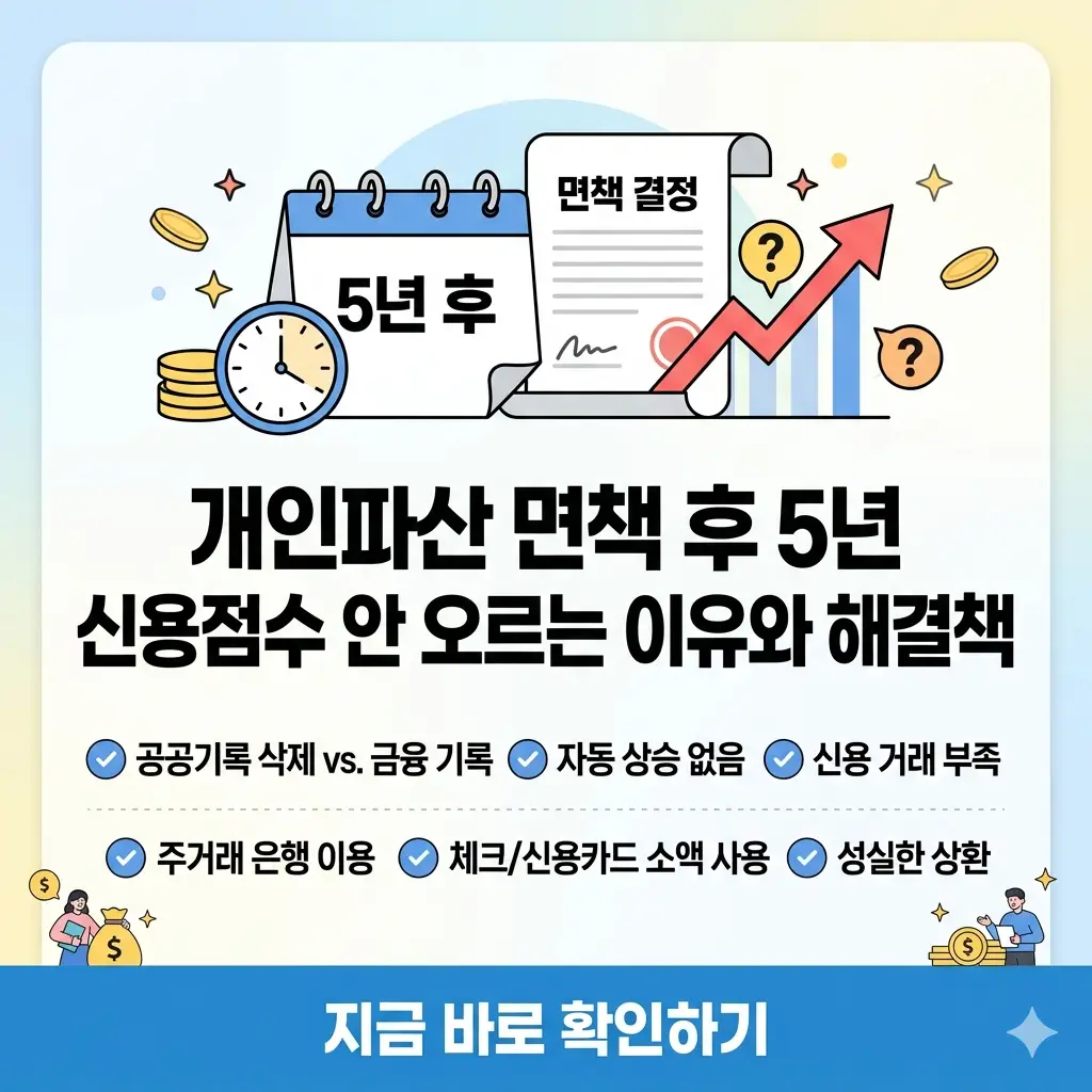 개인파산 면책 5년 후에도 신용점수가 안 오르는 이유와 해결책을 설명하는 카드뉴스 스타일 썸네일.