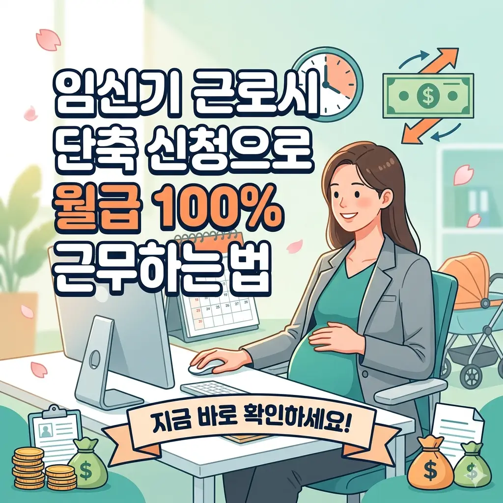 임신부 근로자가 사무실에서 미소를 지으며 업무를 보는 일러스트. 이미지 상단에는 '임신기 근로시간 단축 신청으로 월급 100% 보존하며 근무하는 법'이라는 큰 한글 제목이, 하단에는 '지금 바로 확인하세요!'라는 클릭 유도 문구가 있다.
