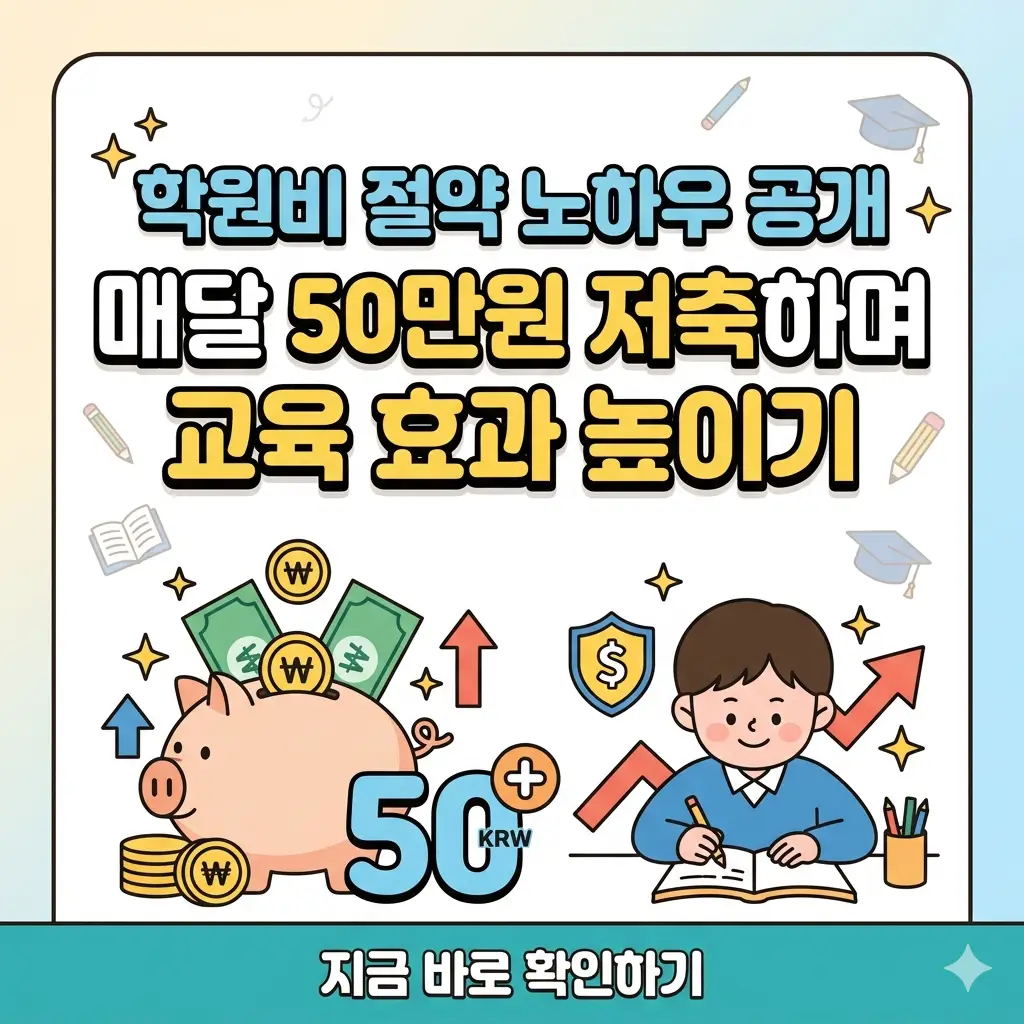 학원비 절약 노하우로 매달 50만원을 저축하면서 교육 효과를 높이는 방법을 요약한 1:1 비율의 포스터 이미지.