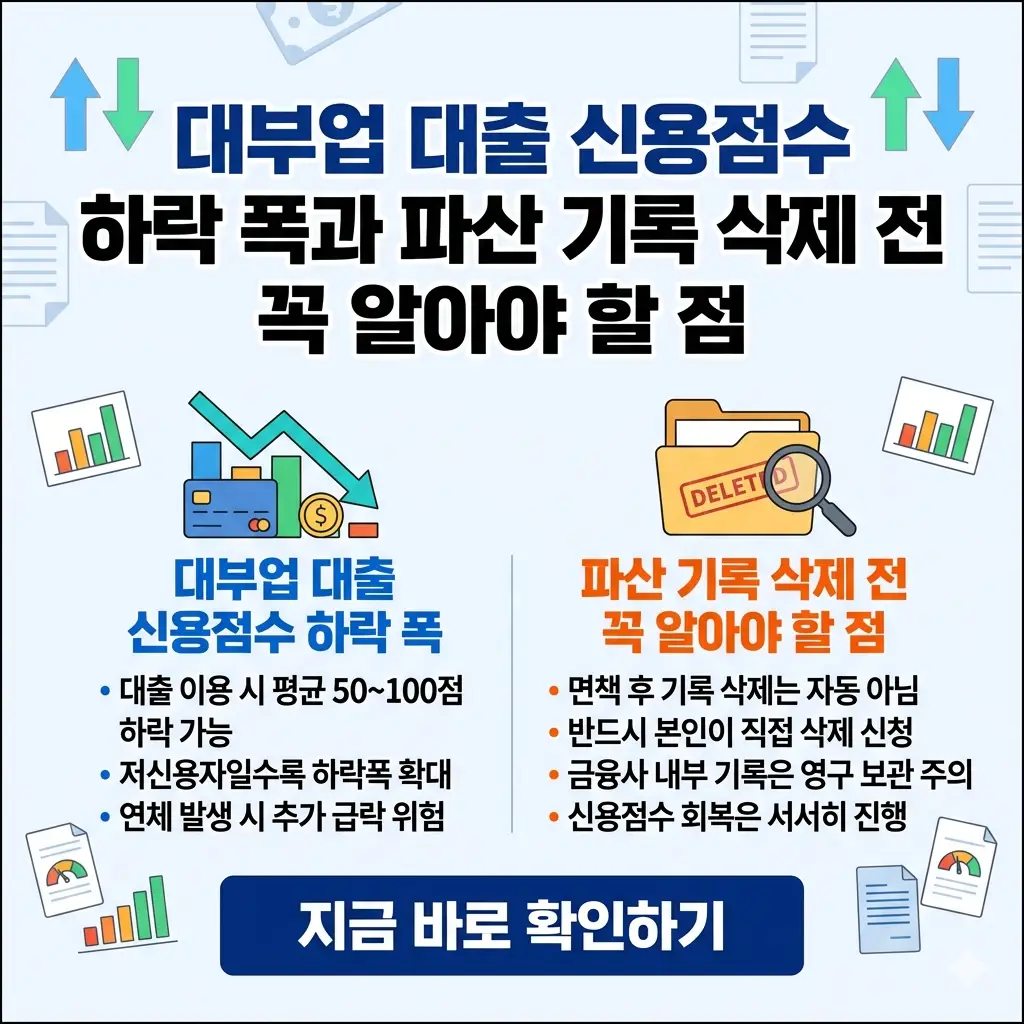 대부업 대출 시 신용점수 하락 폭과 파산 기록 삭제 전 유의사항을 설명하는 인포그래픽 썸네일.