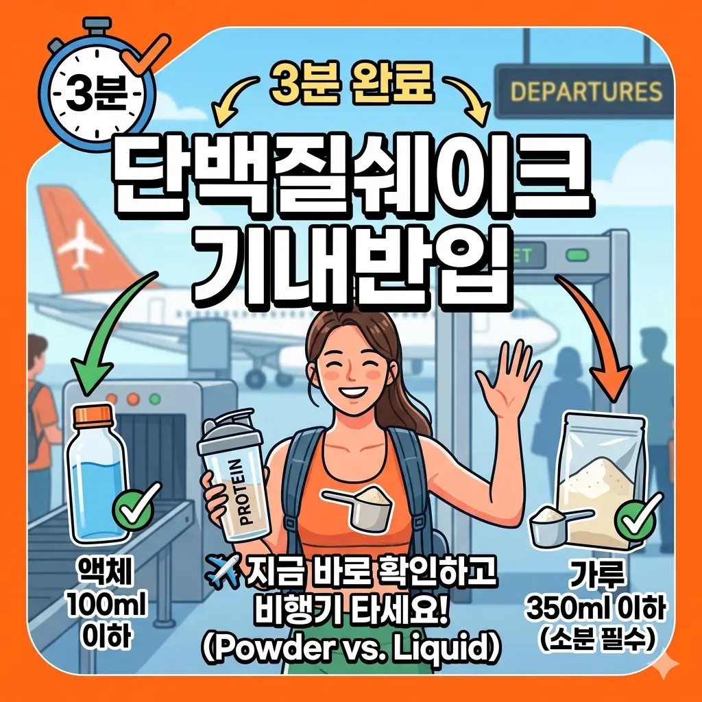 비행기 좌석 테이블 위에 놓인 가루 형태의 단백질쉐이크 기내반입 허용 여부를 확인하는 모습