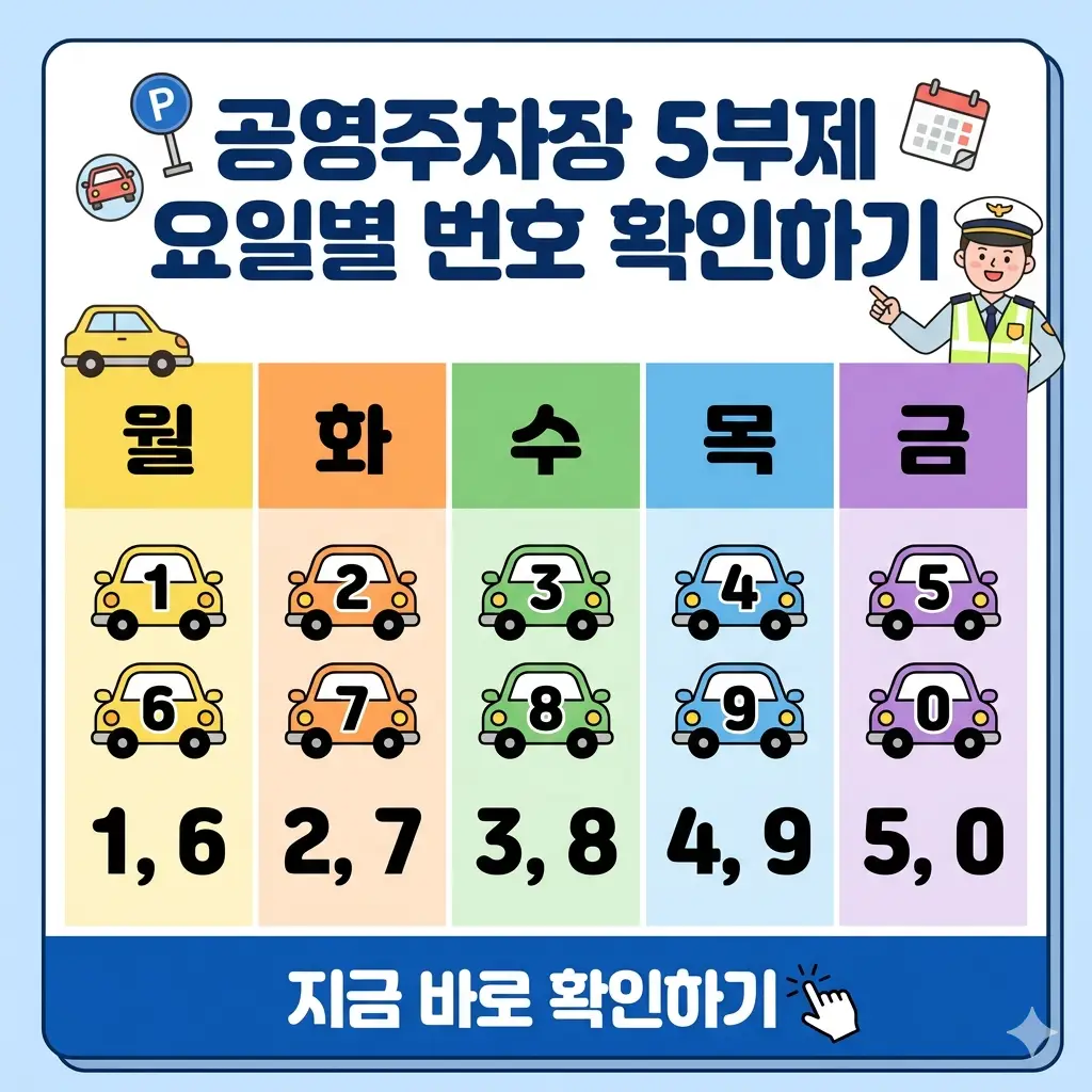 공영주차장 요일별 차량 끝번호 5부제 운행 제한을 설명하는 인포그래픽 포스터.