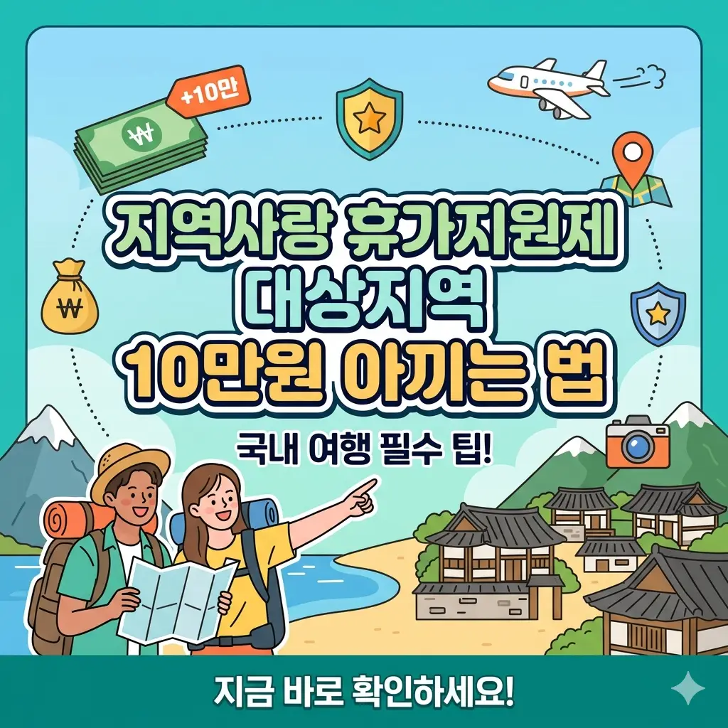 지역사랑 휴가지원제 대상지역 10만원 할인 혜택 정보가 담긴 정사각형 썸네일 이미지입니다. 푸른 산과 바다, 그리고 비행기와 돈봉투 아이콘이 함께 그려져 있습니다.