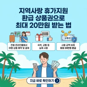 지역사랑 휴가지원 사업을 통해 최대 20만 원 환급 혜택을 받는 법을 설명하는 썸네일 이미지.