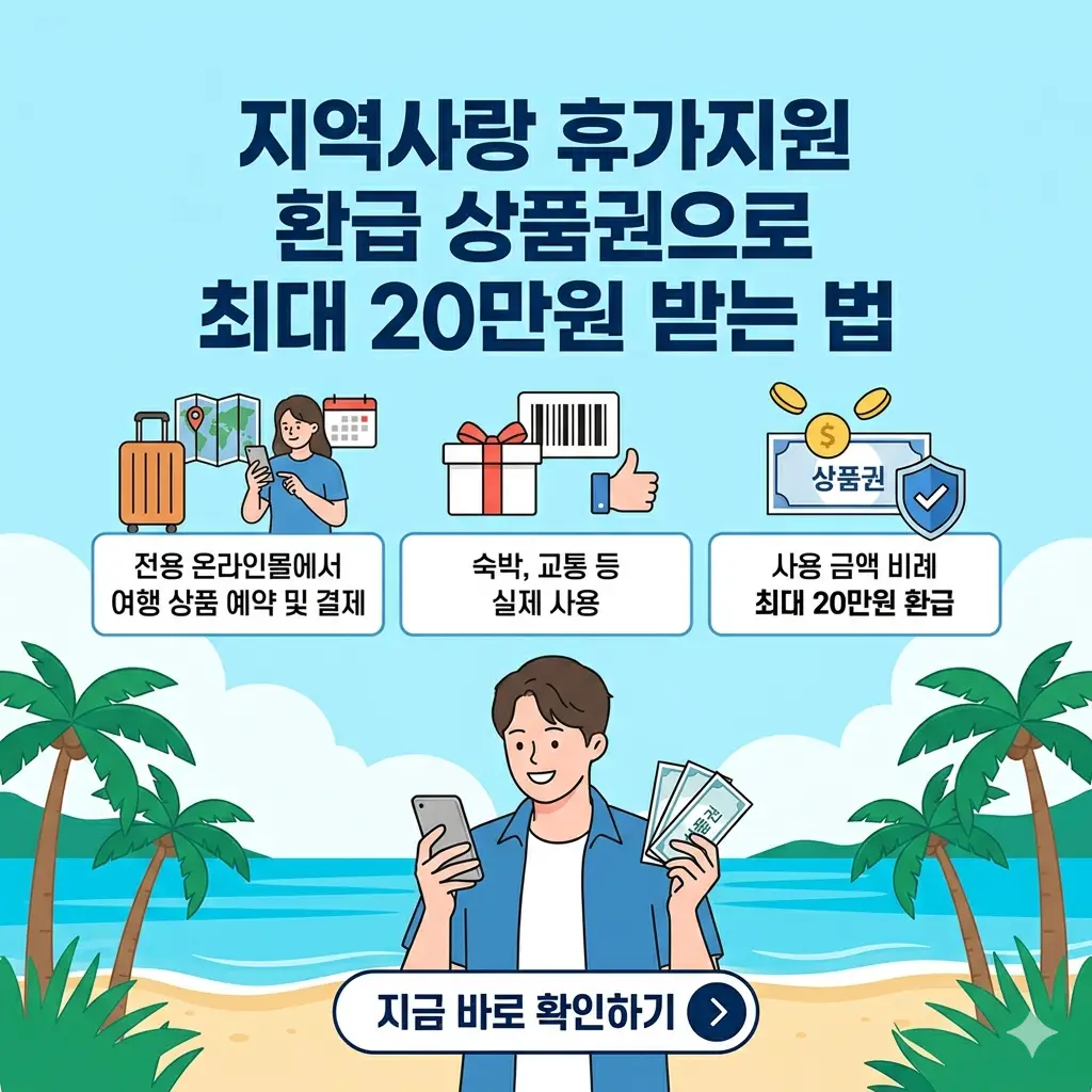 지역사랑 휴가지원 사업을 통해 최대 20만 원 환급 혜택을 받는 법을 설명하는 썸네일 이미지.