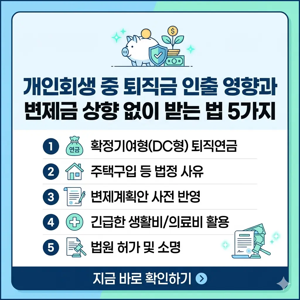 개인회생 중 퇴직금 영향 분석 및 변제금 상향 없이 받는 법 5가지를 설명하는 인포그래픽 썸네일.