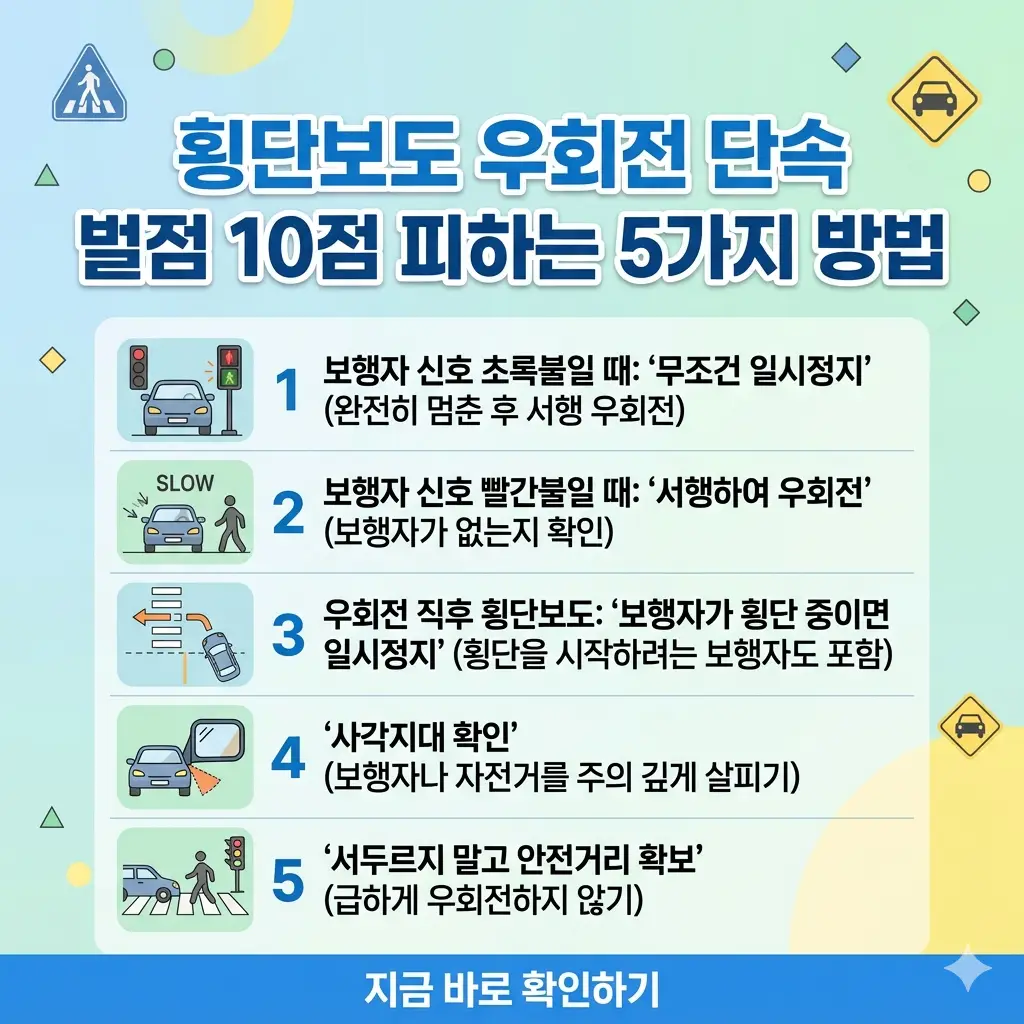 횡단보도 우회전 단속 기준과 벌점을 피하는 5가지 실천 방법을 설명하는 그래픽 포스터.